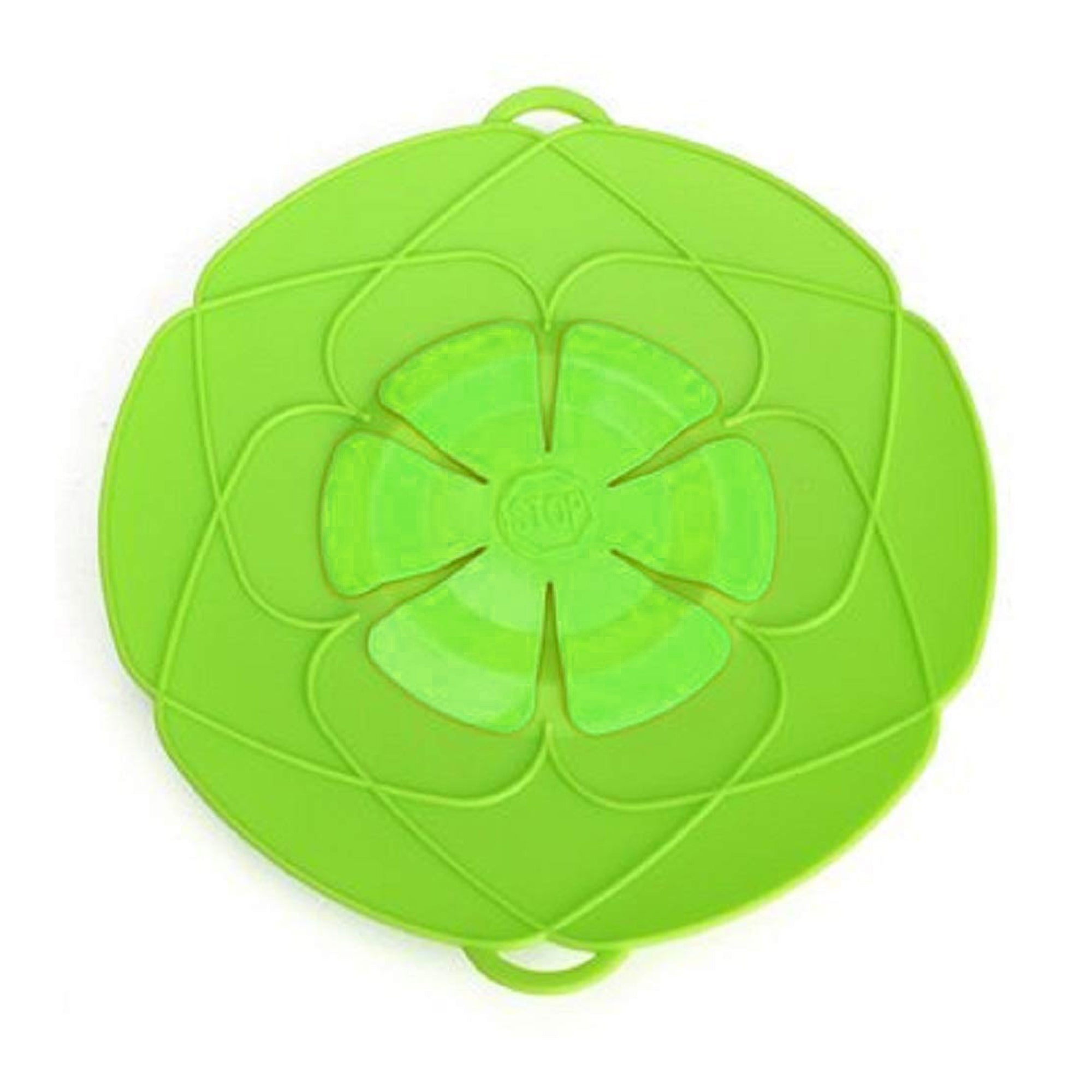 The Silicone Spill Stopper Lid showcasing its universal fit on a pan.