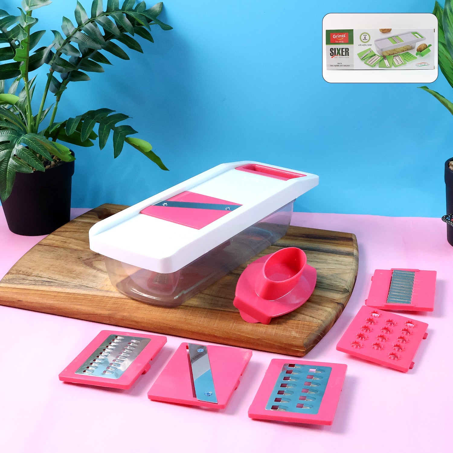 Complete 6-in-1 vegetable slicer set with storage container and interchangeable blades.