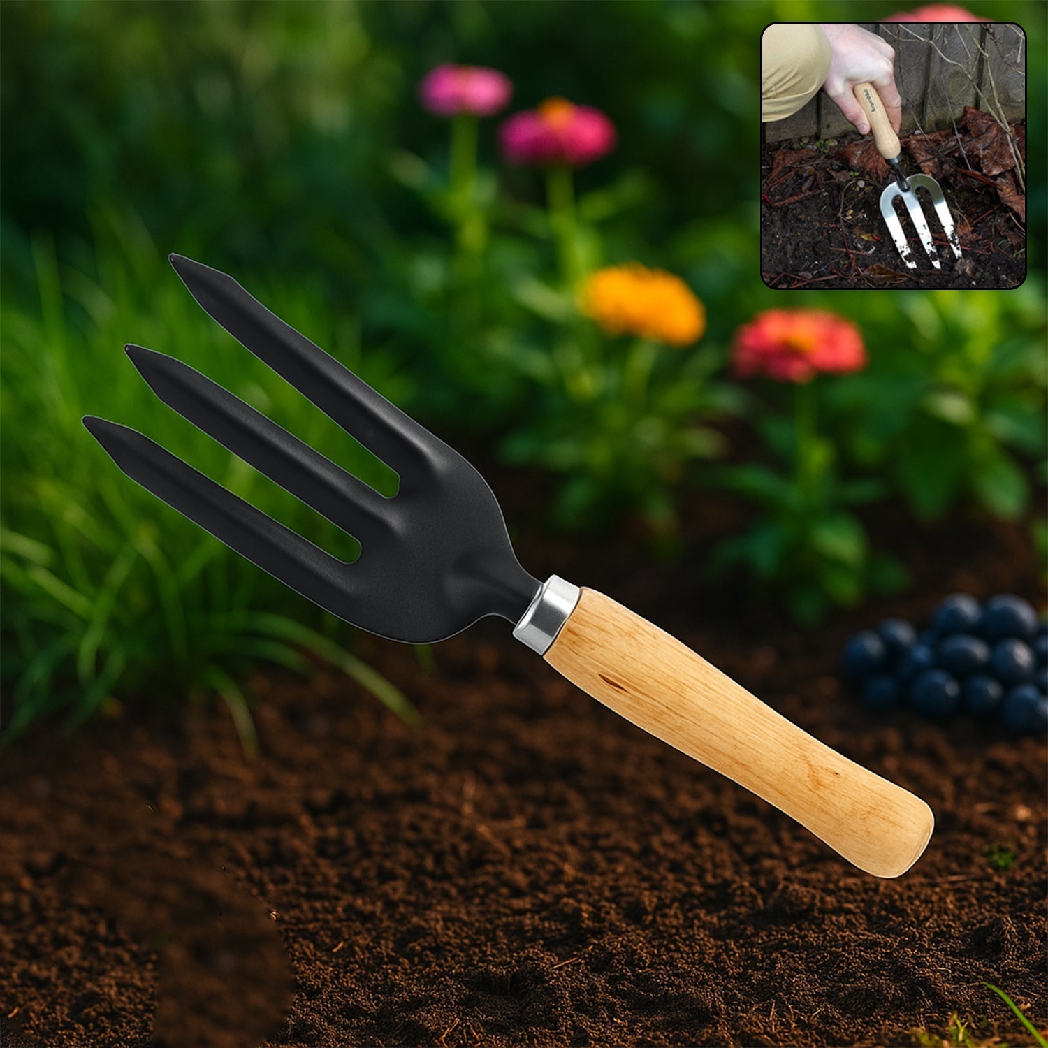 Durable steel hand weeding fork from Grow Garden Tools on a clean background, ready for gardening tasks.