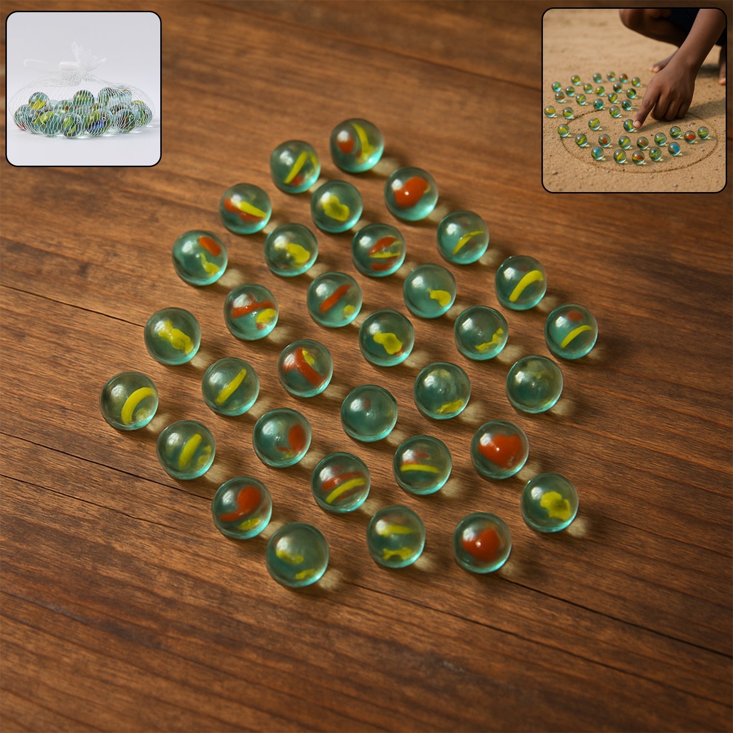 Approx 35 colorful classic glass marbles set with vibrant swirls for kids play
