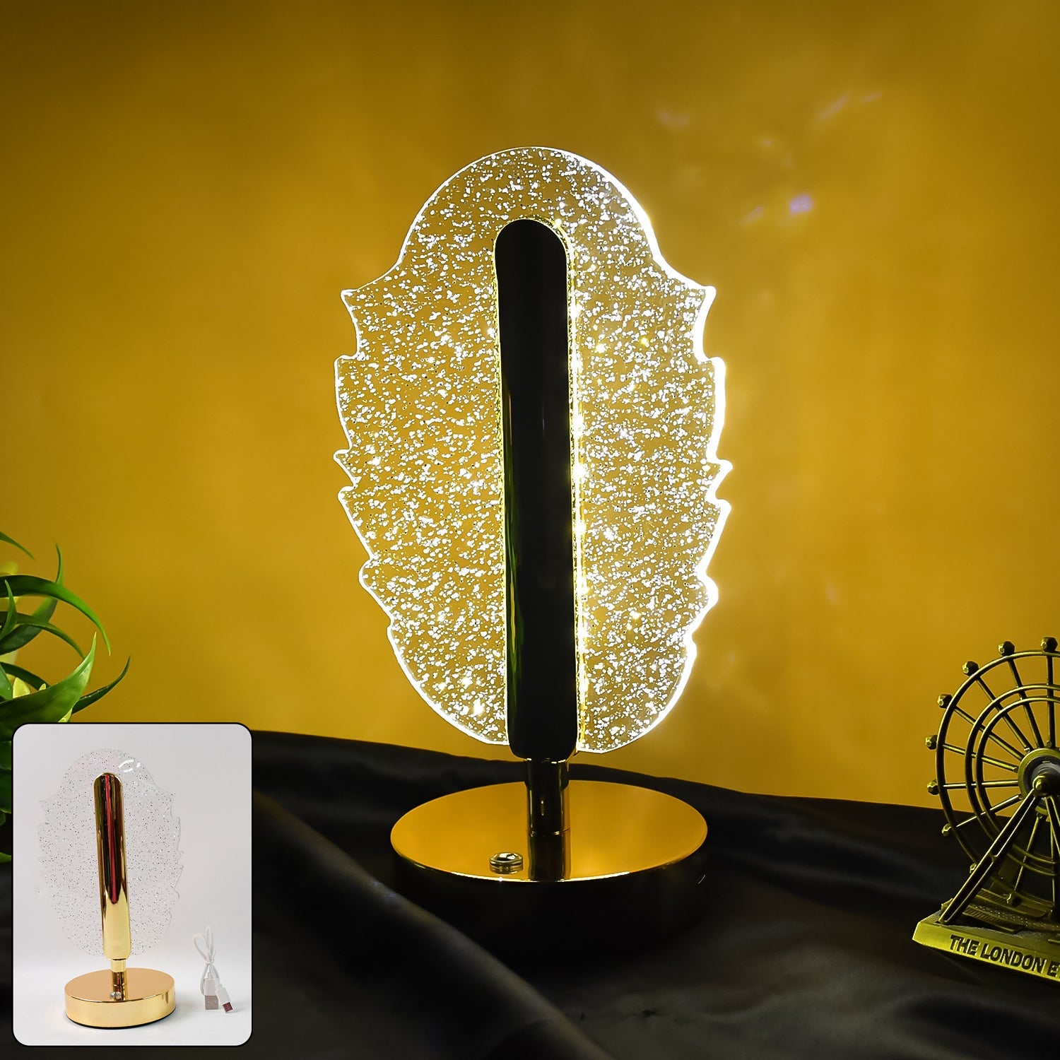 Feather Shape Crystal Table Lamp with warm LED light on metallic base