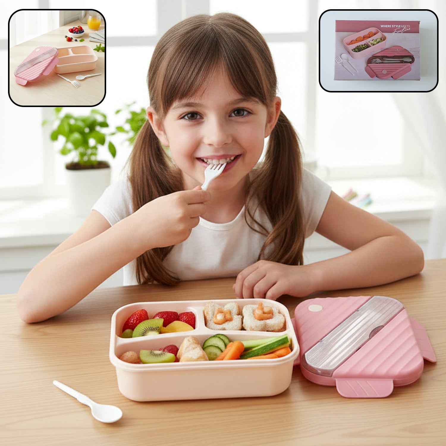 Plastic 3 compartment lunch box for kids, with separate food sections and secure lid