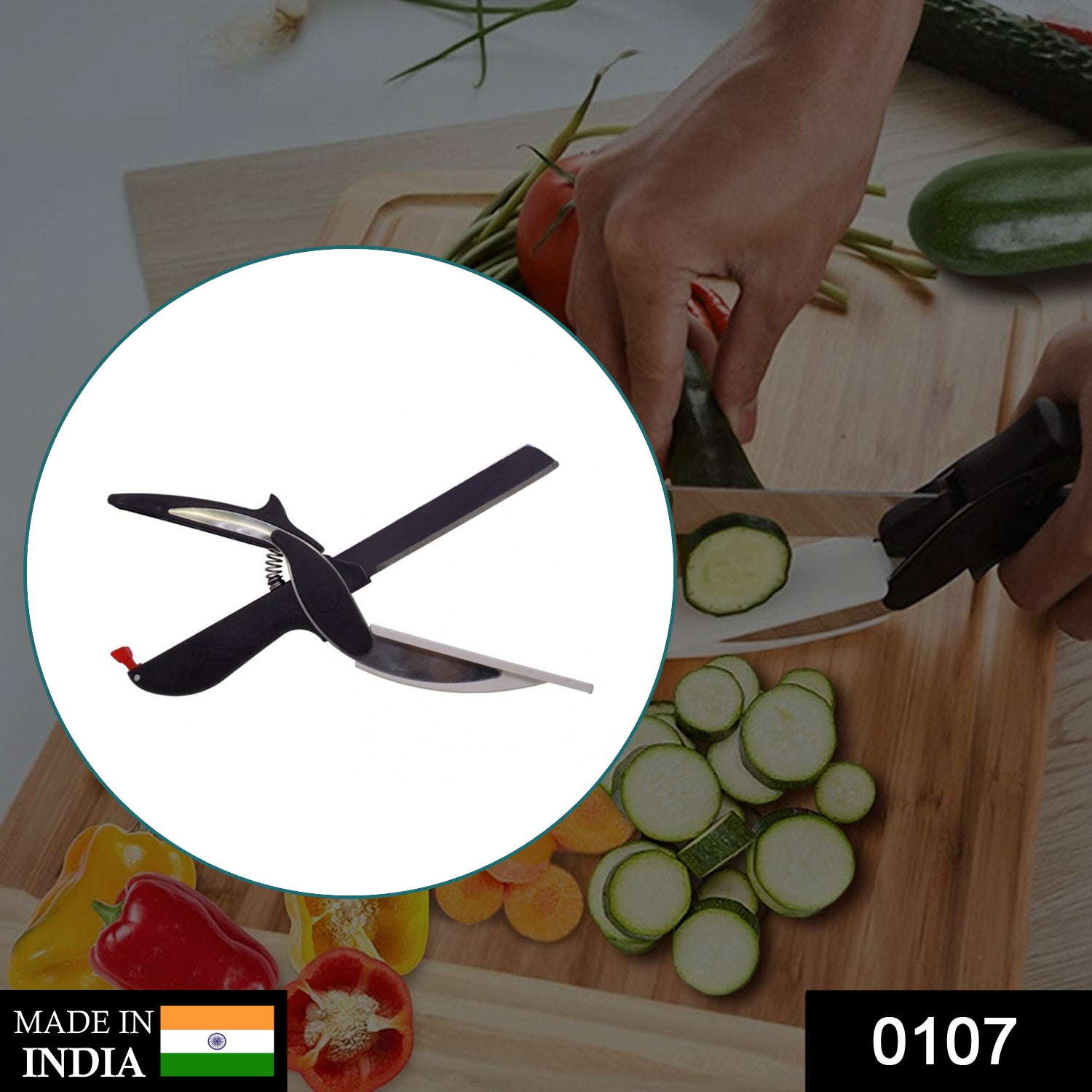 Close-up of the Quickslice food chopper demonstrating cutting action.