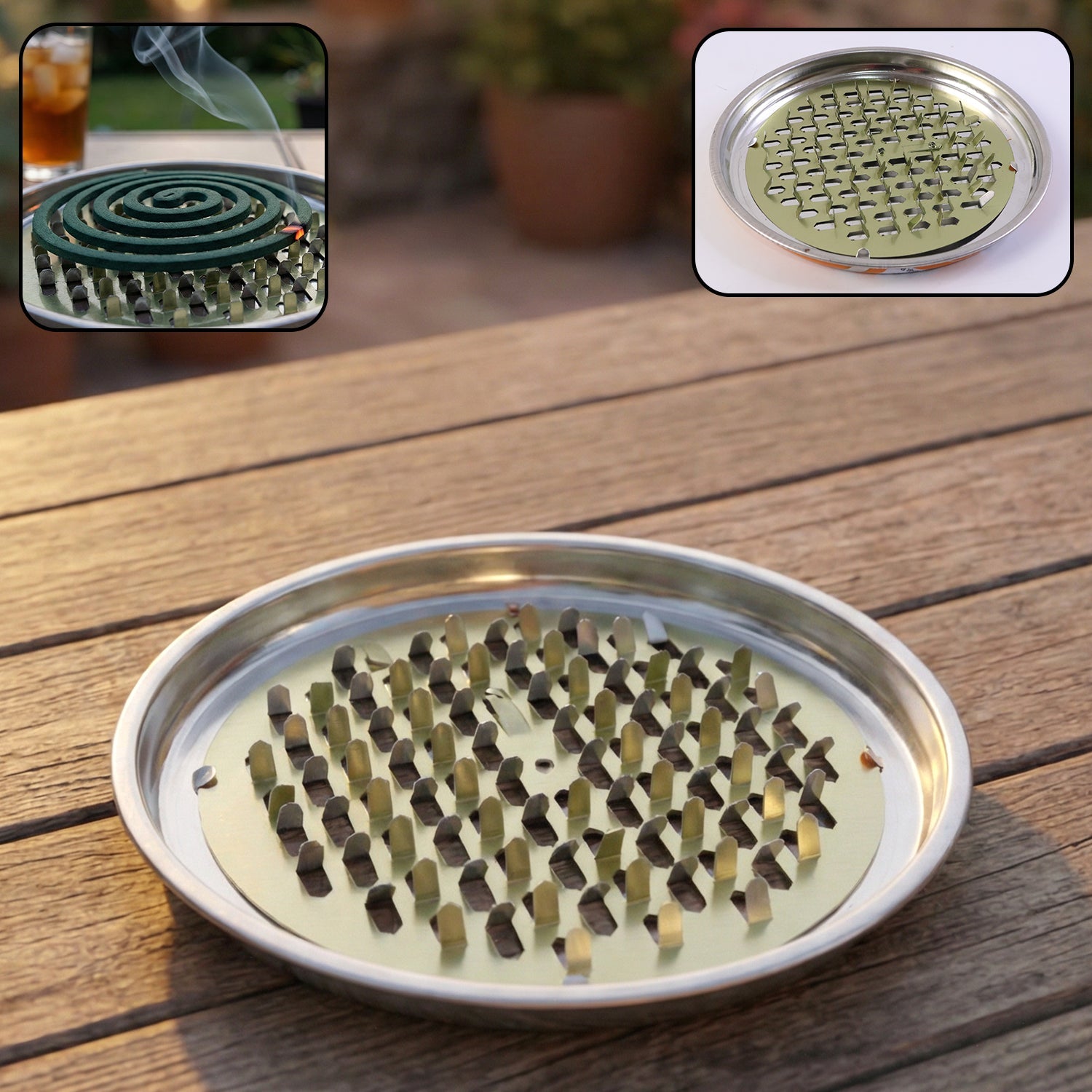 Round metal mosquito coil stand with integrated ash tray base