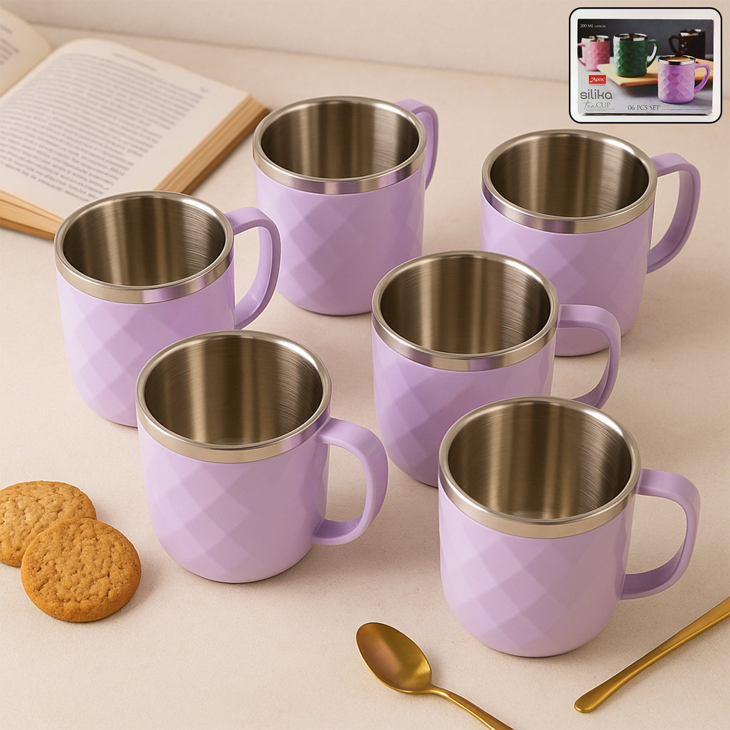 Set of six 200 ml stainless steel tea cups with diamond pattern outer design