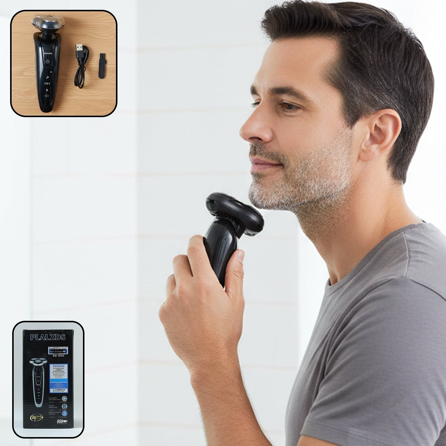 Rechargeable rotary shaver with 3D floating heads for men