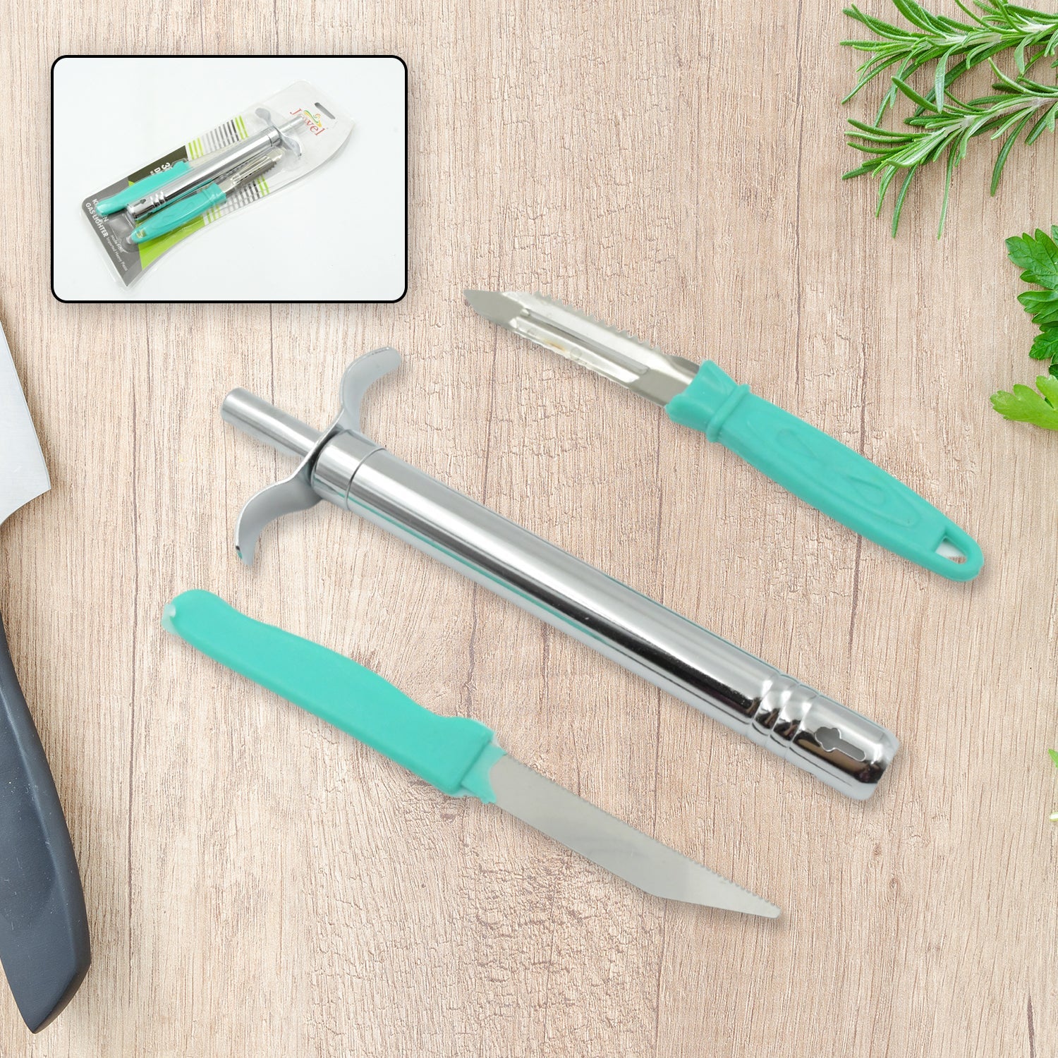 Quickslice 3-in-1 Kitchen Combo Set featuring gas lighter, knife, and peeler.