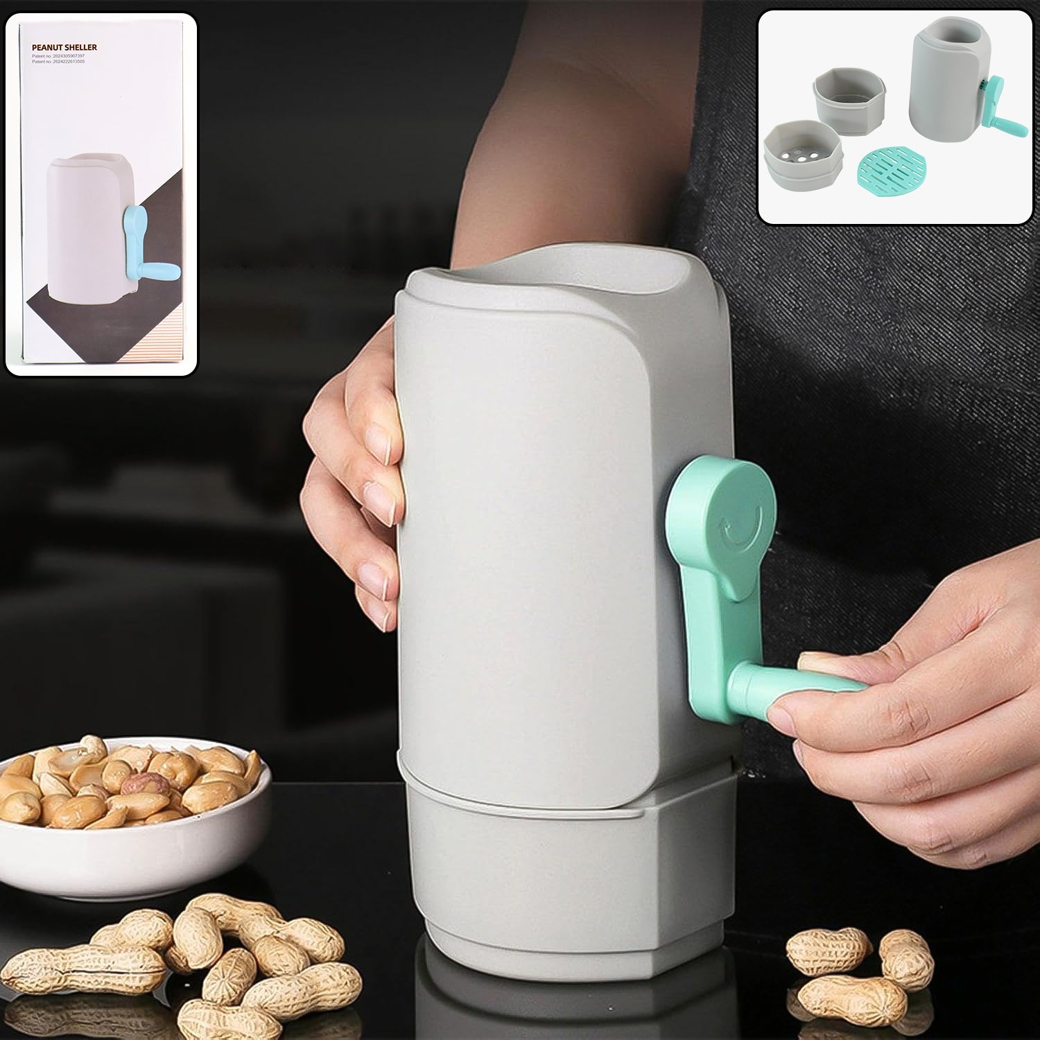 Manual hand-crank peanut sheller machine with a transparent collection tray.