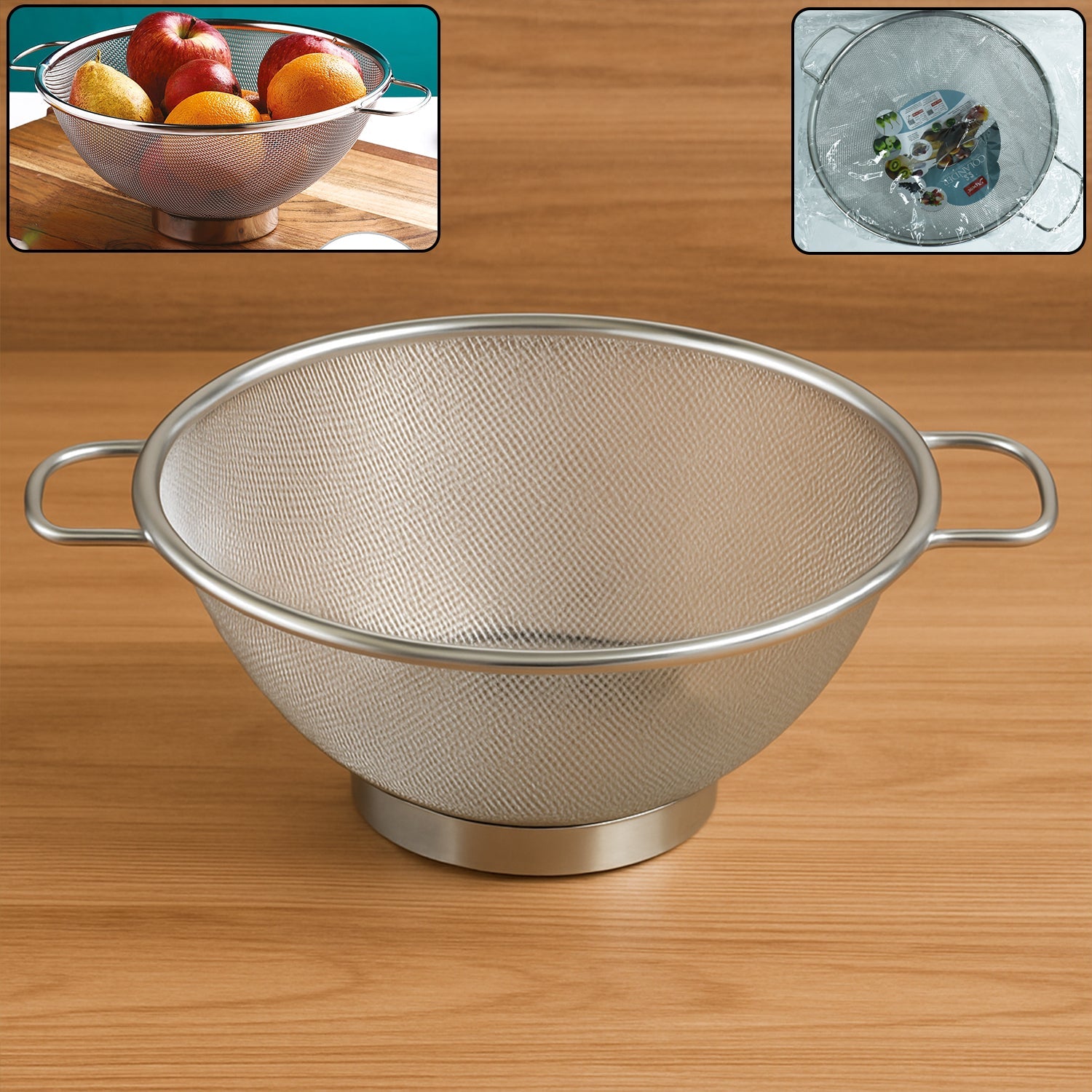 Raised base ring of stainless steel colander ensures effective drainage