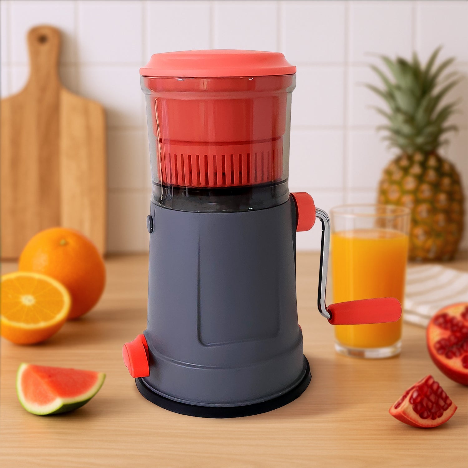 Fruit juicer with an extra long handle for easy manual juicing