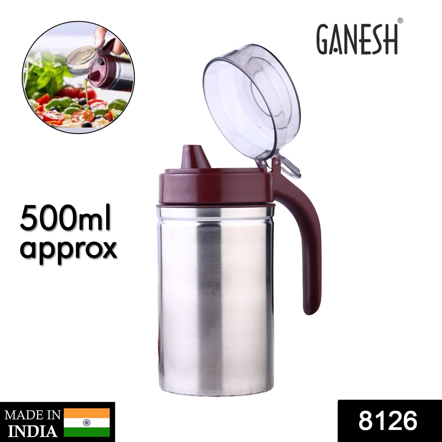 Front view of the 500ml stainless steel oil container, showcasing its elegant design.
