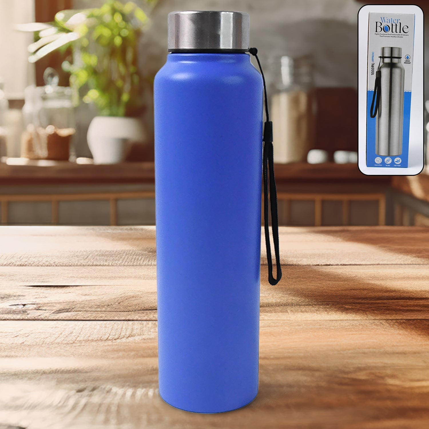 Stainless steel water bottle 1000 ML with leak-proof cap against white background