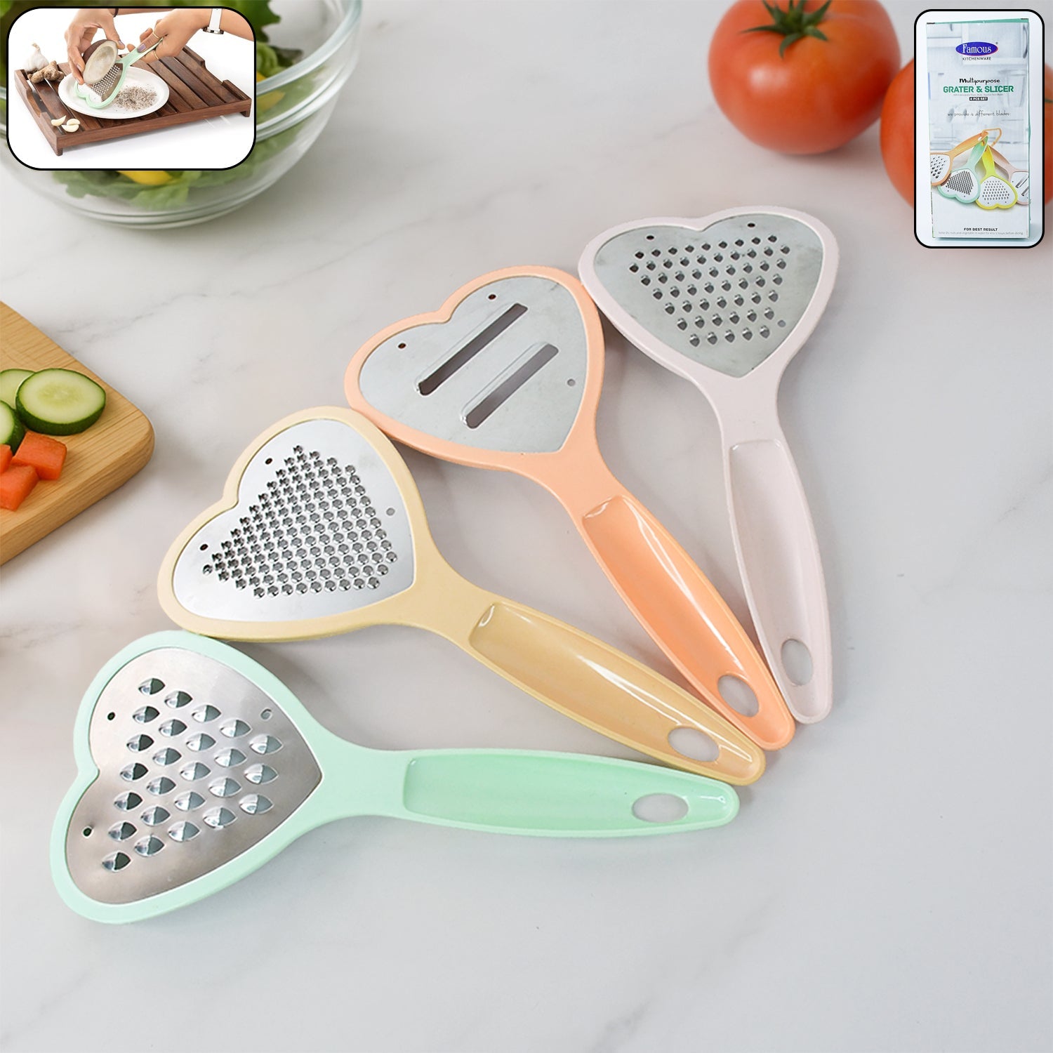 Heart-shaped grater and slicer set from Home Chef, ready for vegetable slicing.