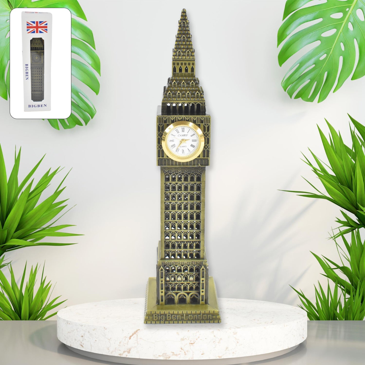Side angle of Big Ben metal statue adding classic charm to a home setting
