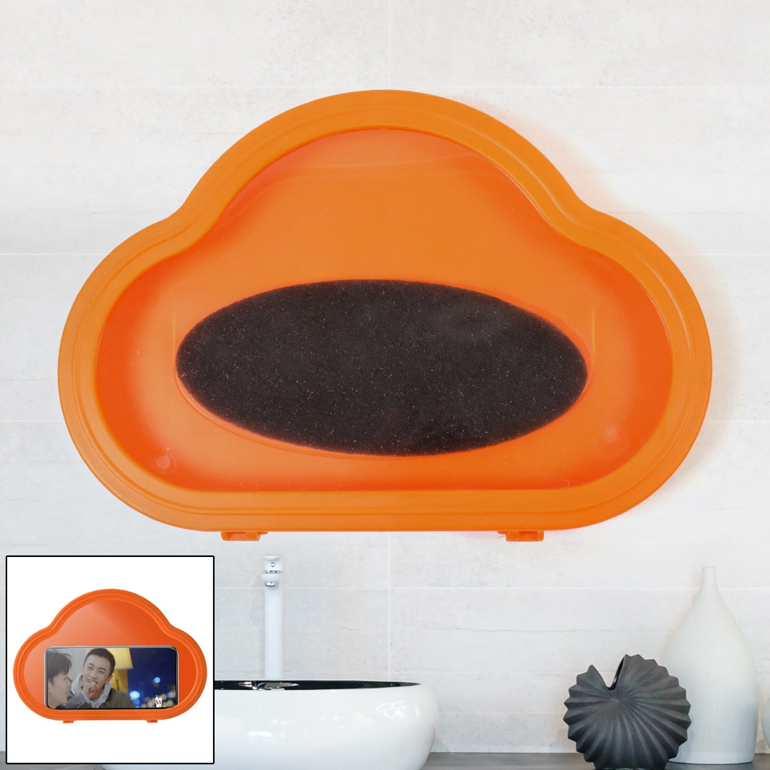 Orange waterproof mobile stand mounted on a tiled wall, showcasing its sleek design.