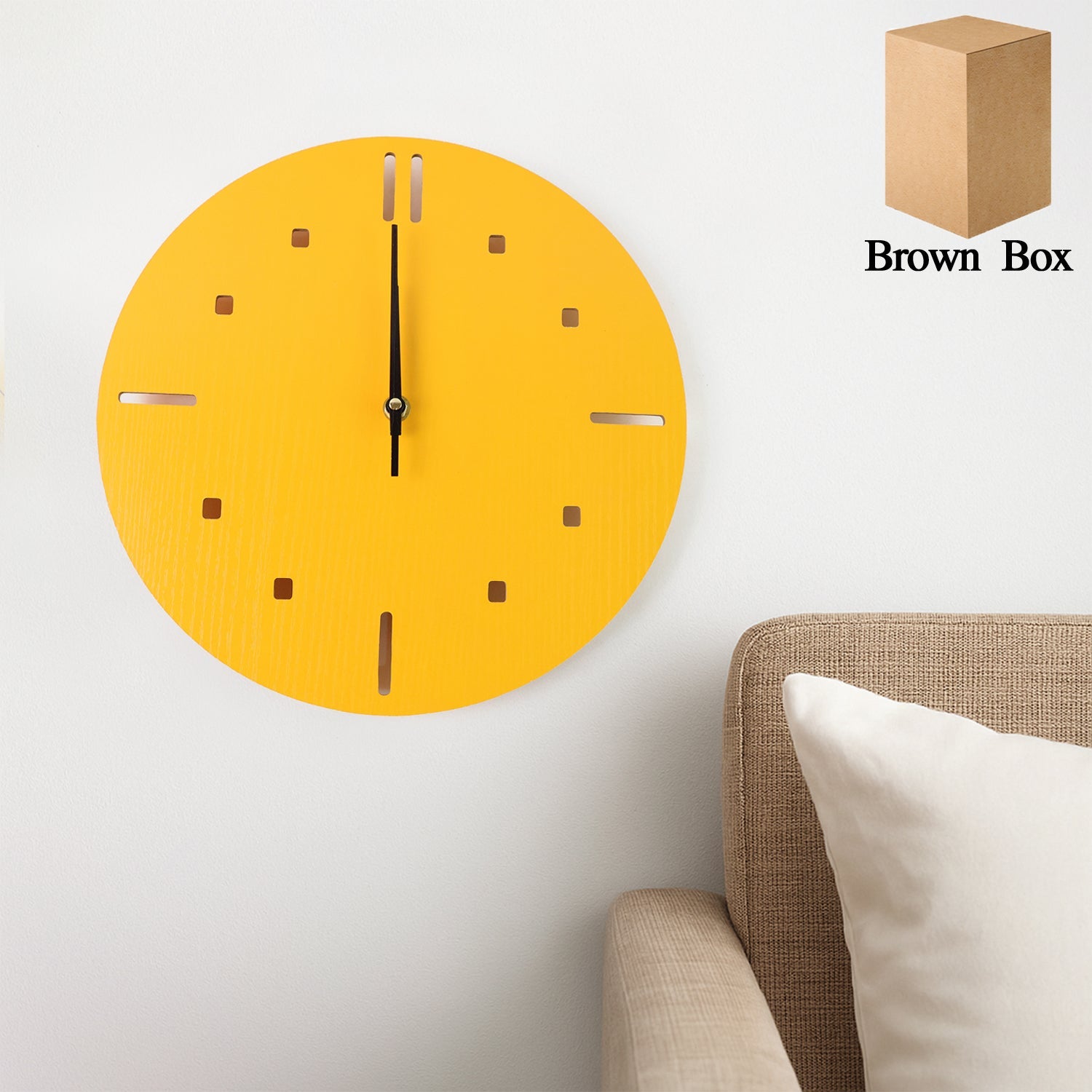 Yellow silent wall clock with modern round design on white background