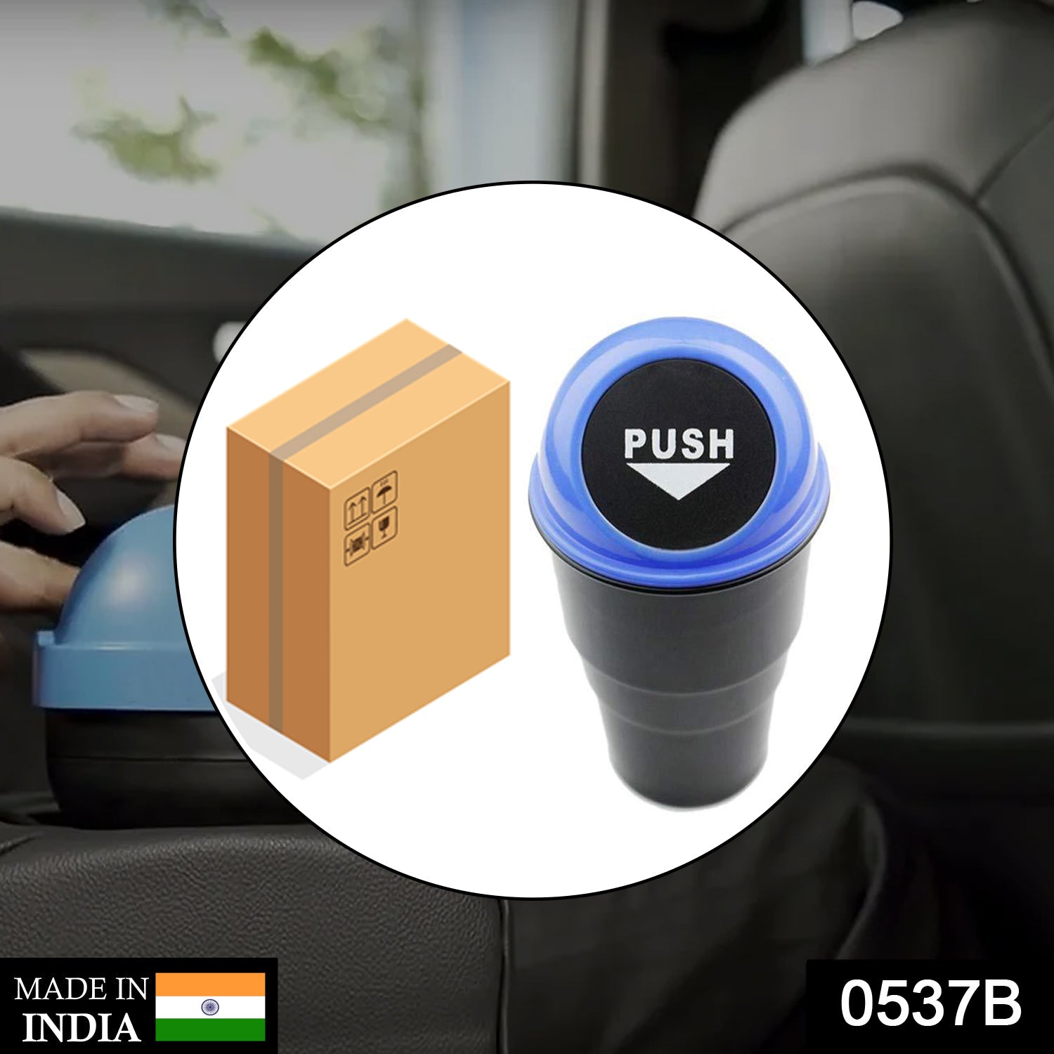 Portable car dustbin shown in a car, ideal for offices and homes.