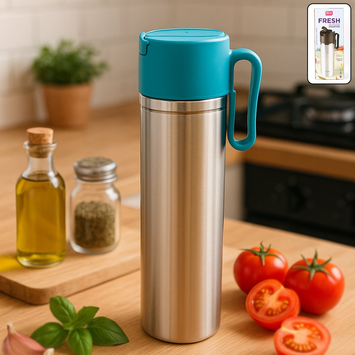 Stainless steel oil pourer bottle with flip lid and handle for clean pouring in kitchen