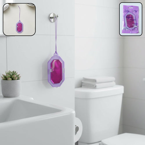 Hanging lavender gel air freshener in small space setting