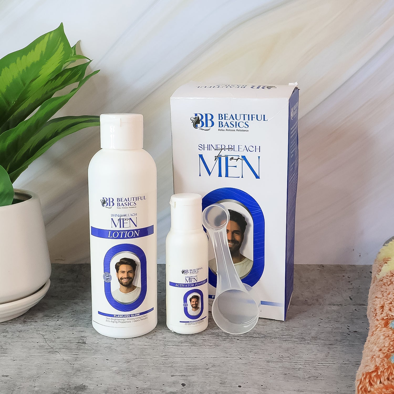 Men's skin bleach cream in lotion and powder set for brightening facial hair.
