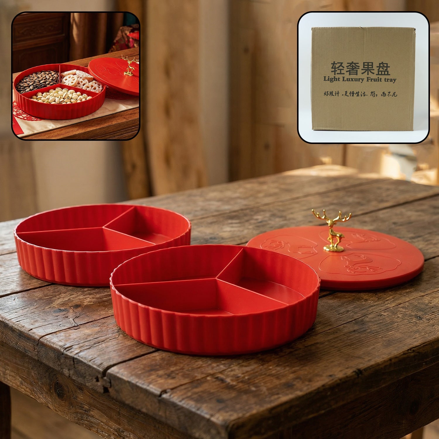 2 layer dry fruit serving tray with decorative lid and partitions