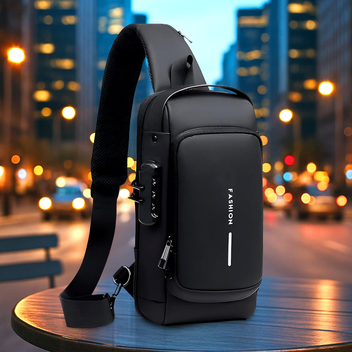 Black anti-theft crossbody sling bag featuring USB charging port and sleek design