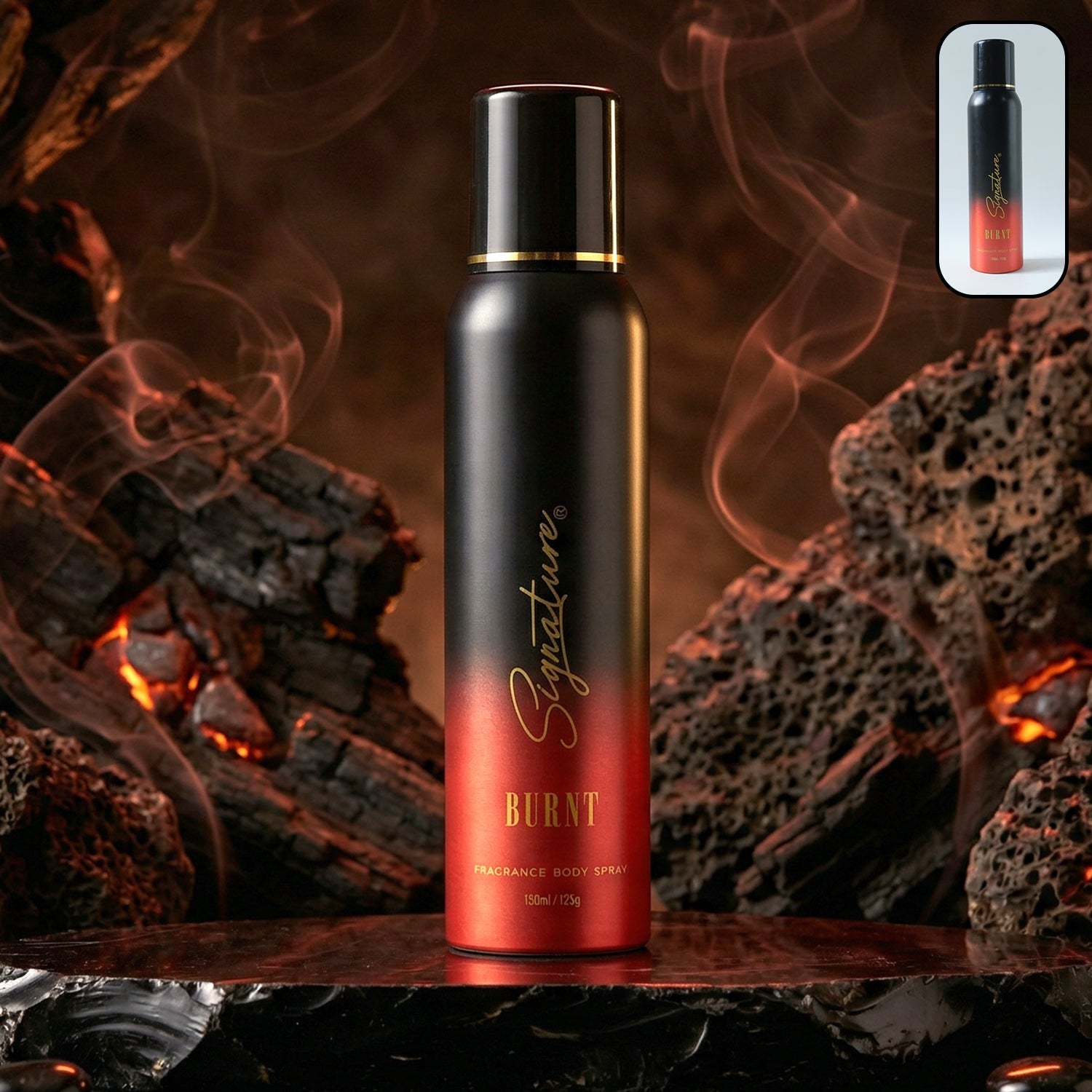 Signature men's burnt fragrance body spray in black and red packaging