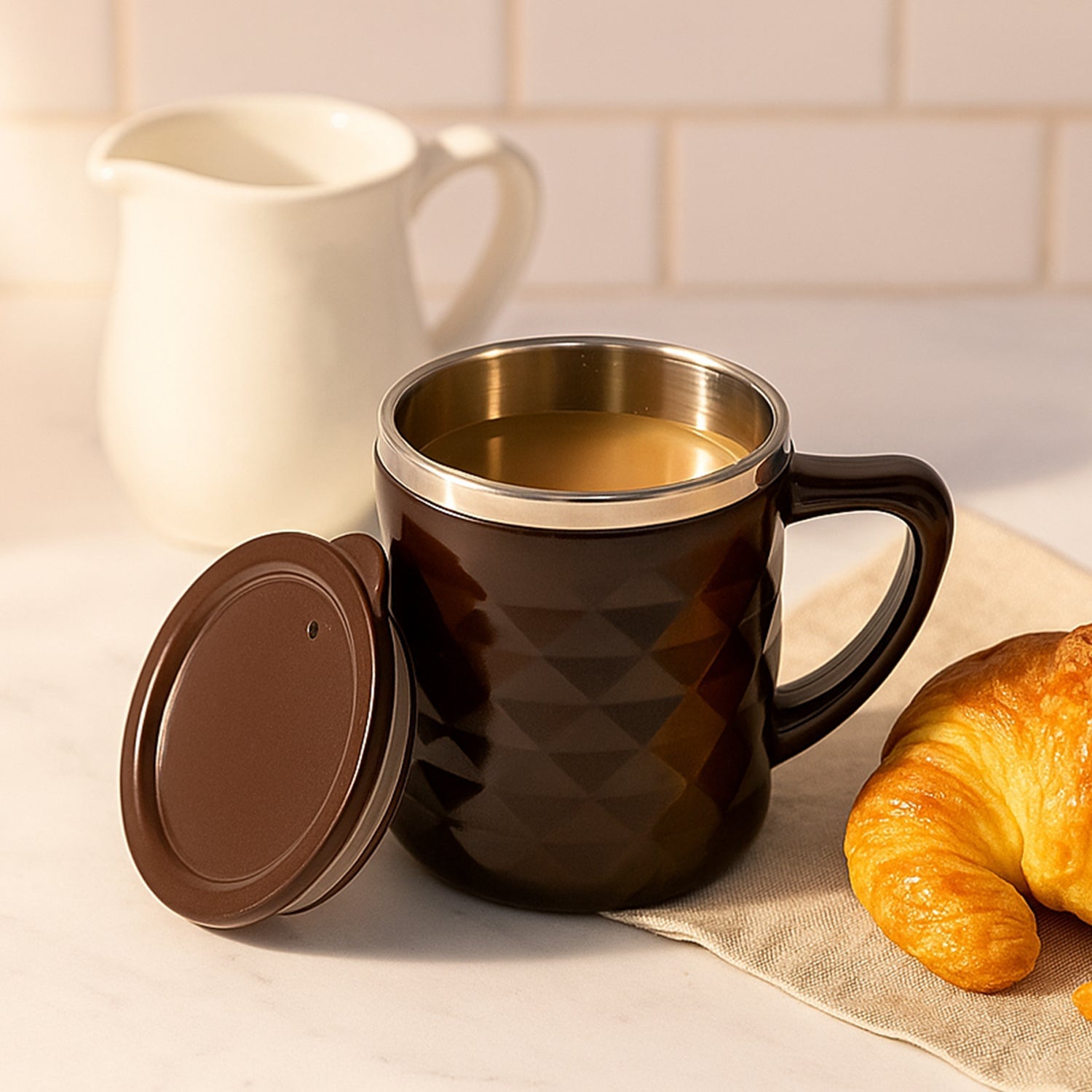 Apex insulated tea and coffee mug with lid showcasing sleek metal inner cup and cool-touch exterior