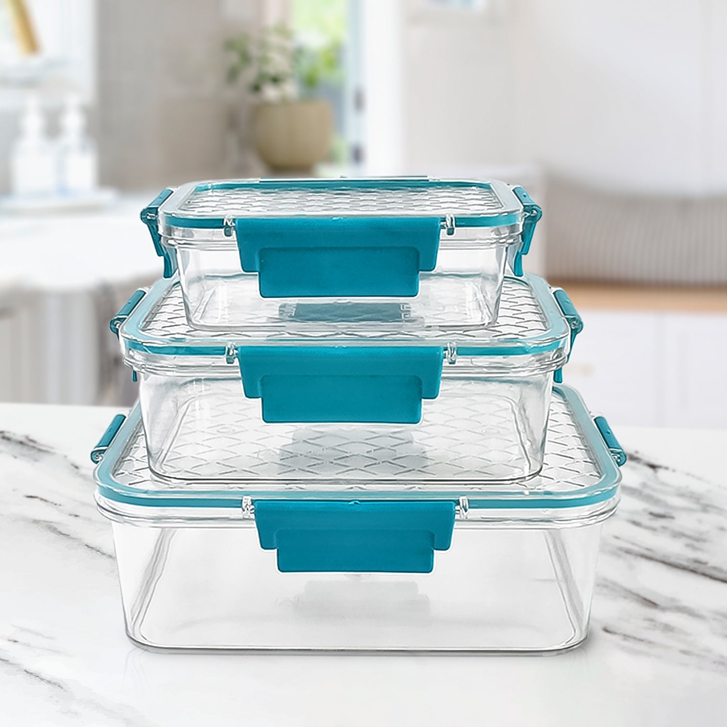 Airtight plastic lunch box set with secure locking lids shown from front