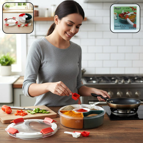 Plastic 5-compartment spice storage box with transparent lid and spoons
