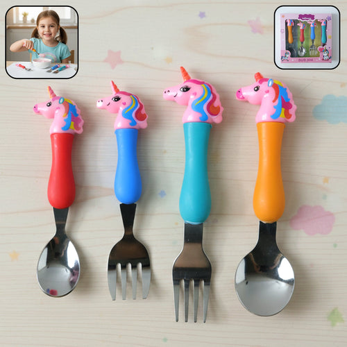 Unicorn themed kids cutlery set with colorful cartoon handles