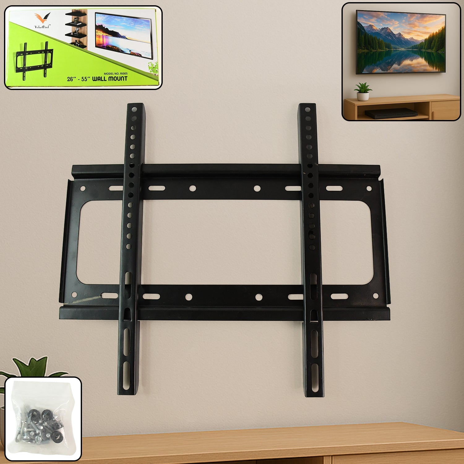 Slim heavy duty metal TV wall mount bracket holding a flat screen TV