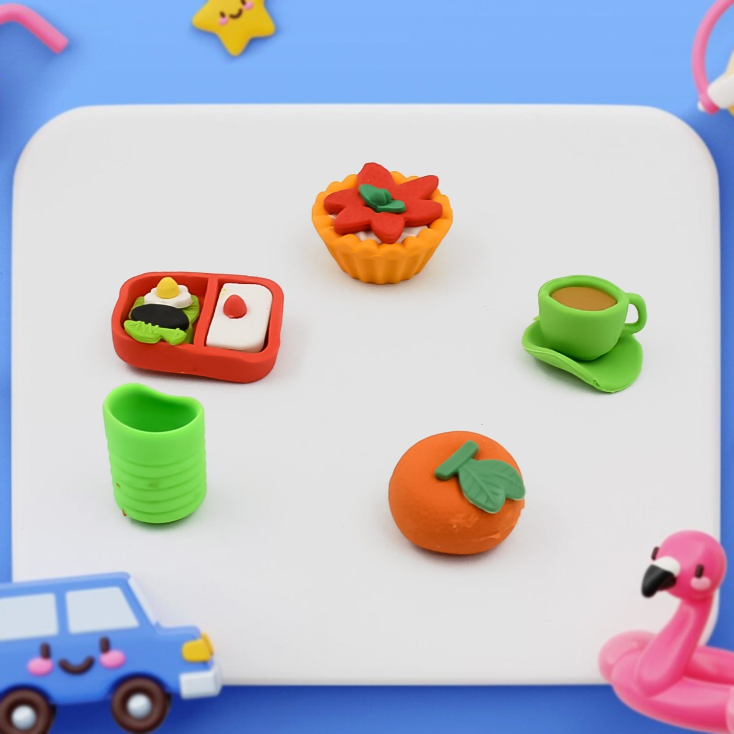 The complete set of colorful 3D erasers packaged together, highlighting their creative designs for children.