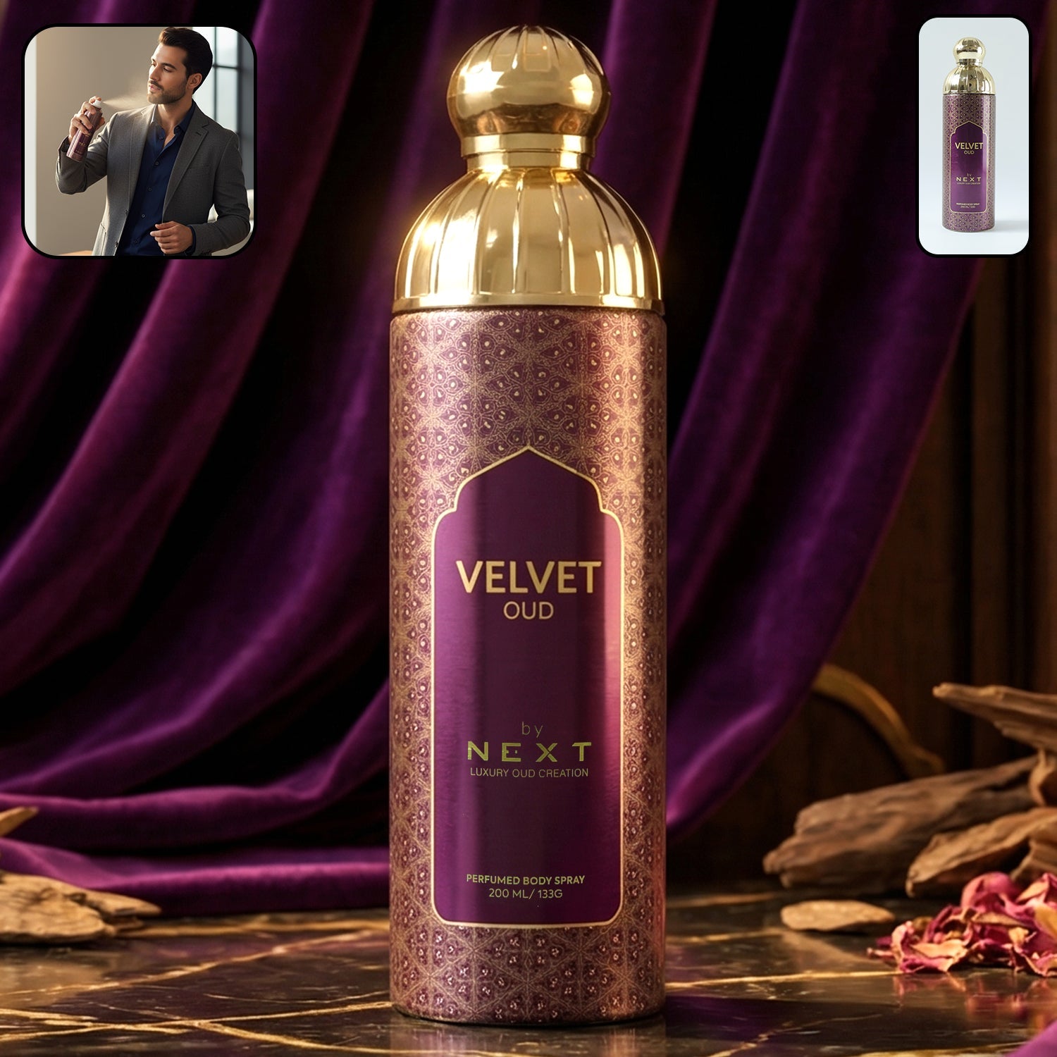 Next Velvet Oud premium perfumed body spray 200 ml bottle showing elegant design