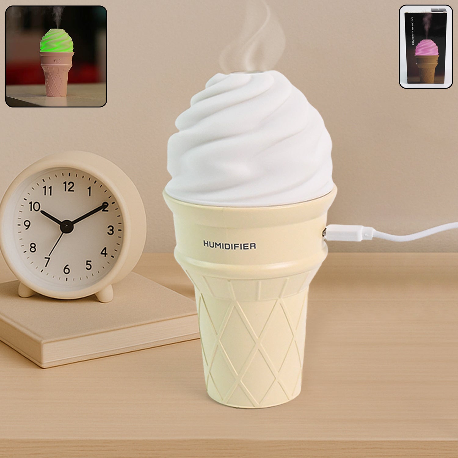Portable Ice Cream Cone Humidifier releasing cool mist on a desk with LED light