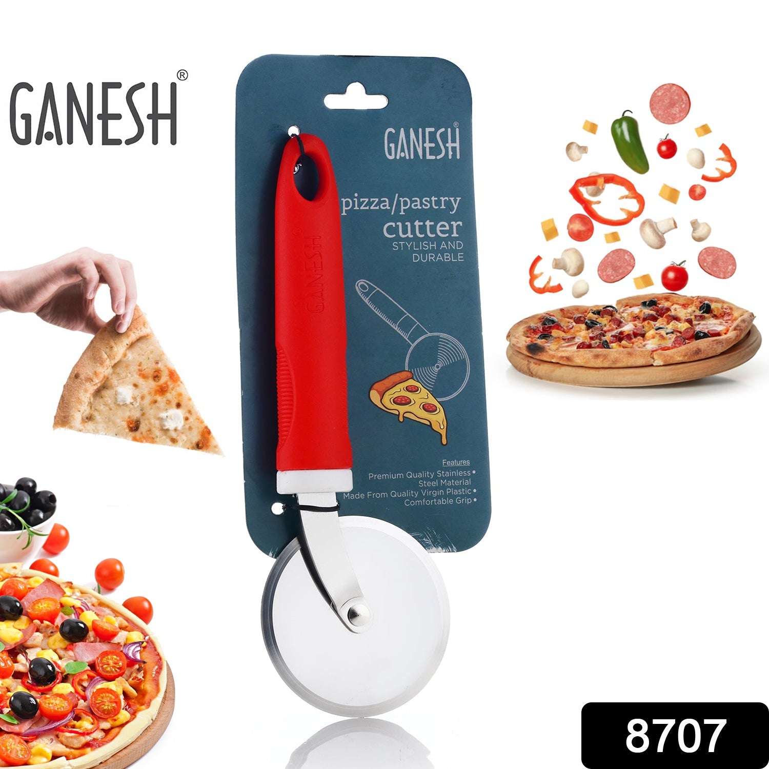 Angled view of the Ganesh pizza cutter, highlighting its sharp stainless steel blade.