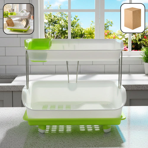 Two-layer kitchen dish drying rack with drain tray for organized drying