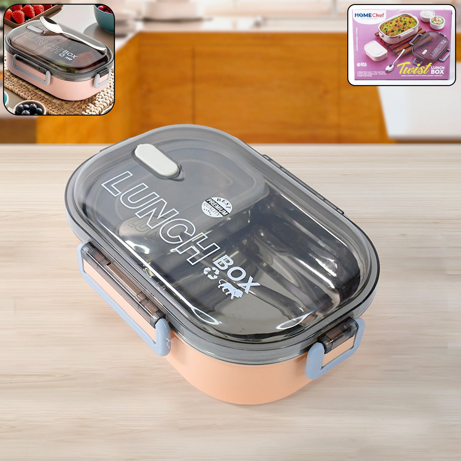 Angled view of leak-proof stainless steel tiffin lunch box