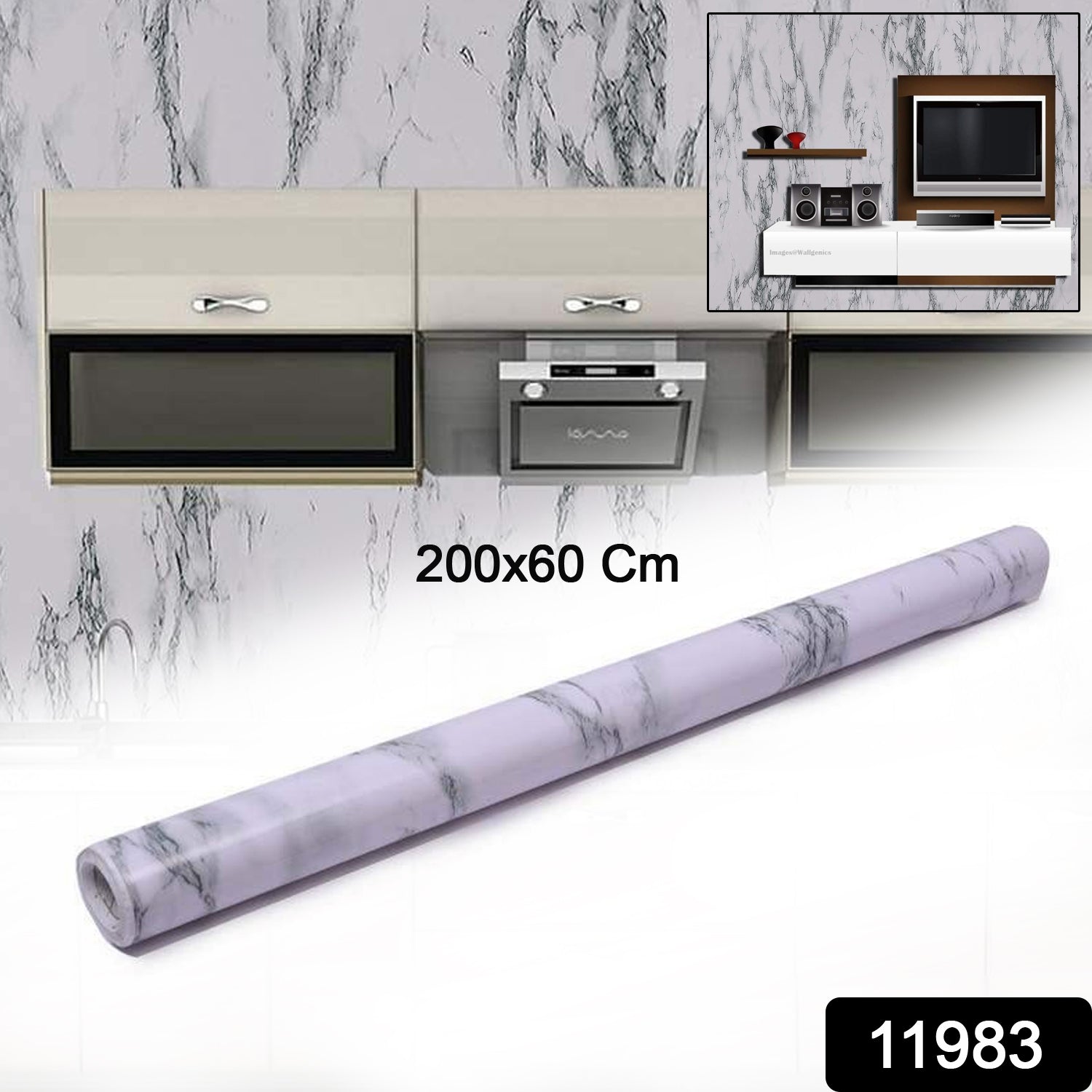 Close-up showing white and grey marble pattern on peel and stick kitchen wallpaper