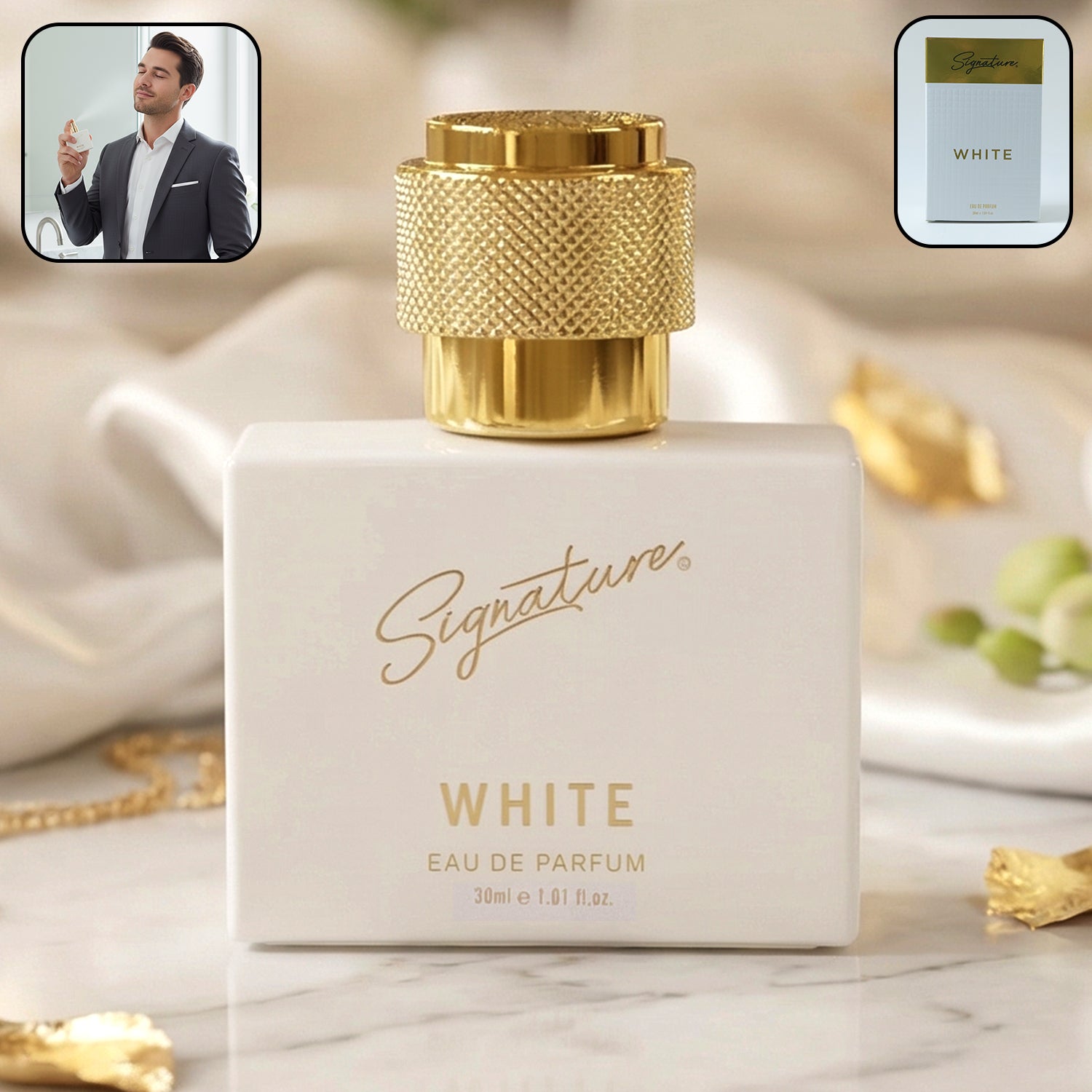 Signature premium white eau de parfum 30 ml bottle on elegant display