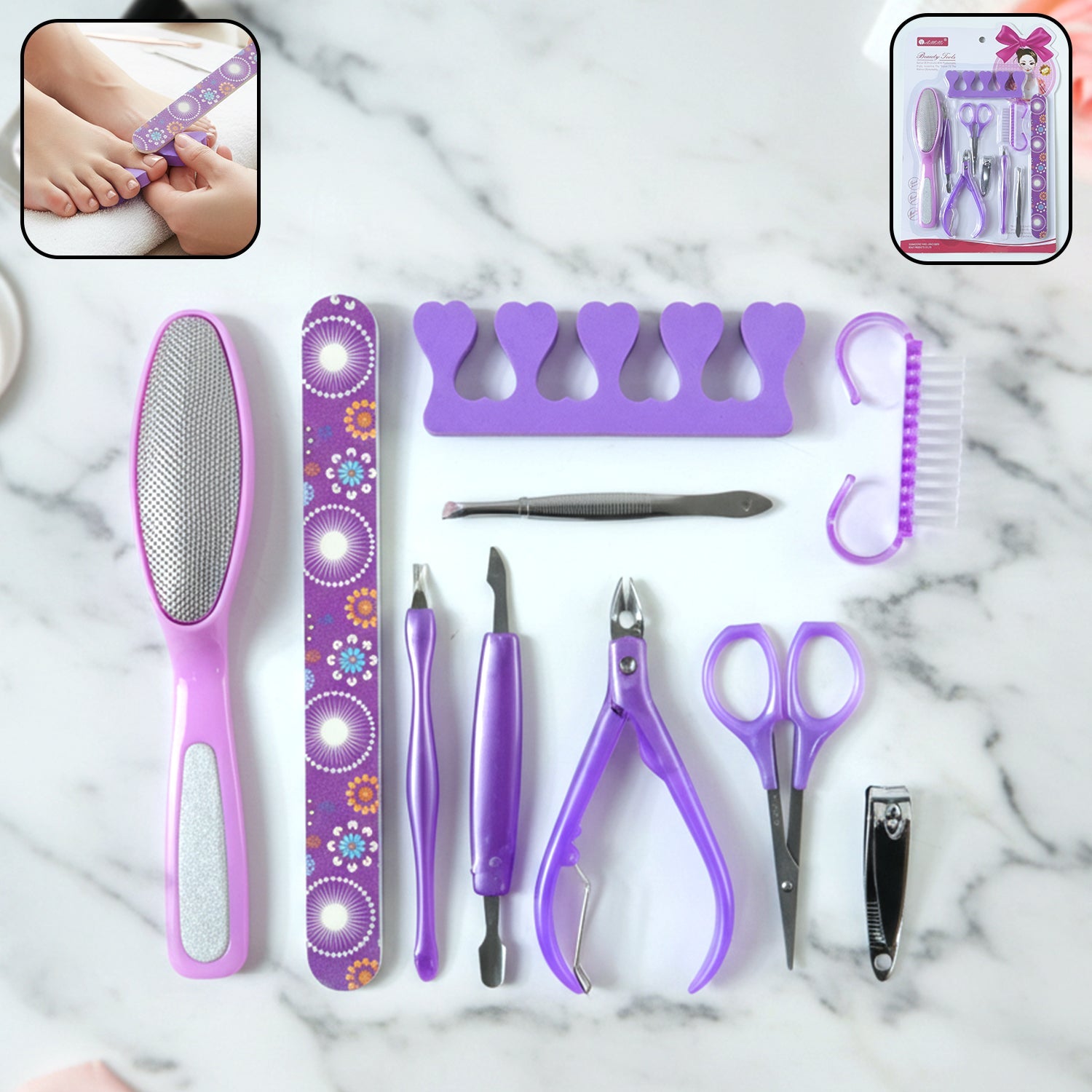 Manicure & pedicure nail care tool set with 10 essential grooming pieces