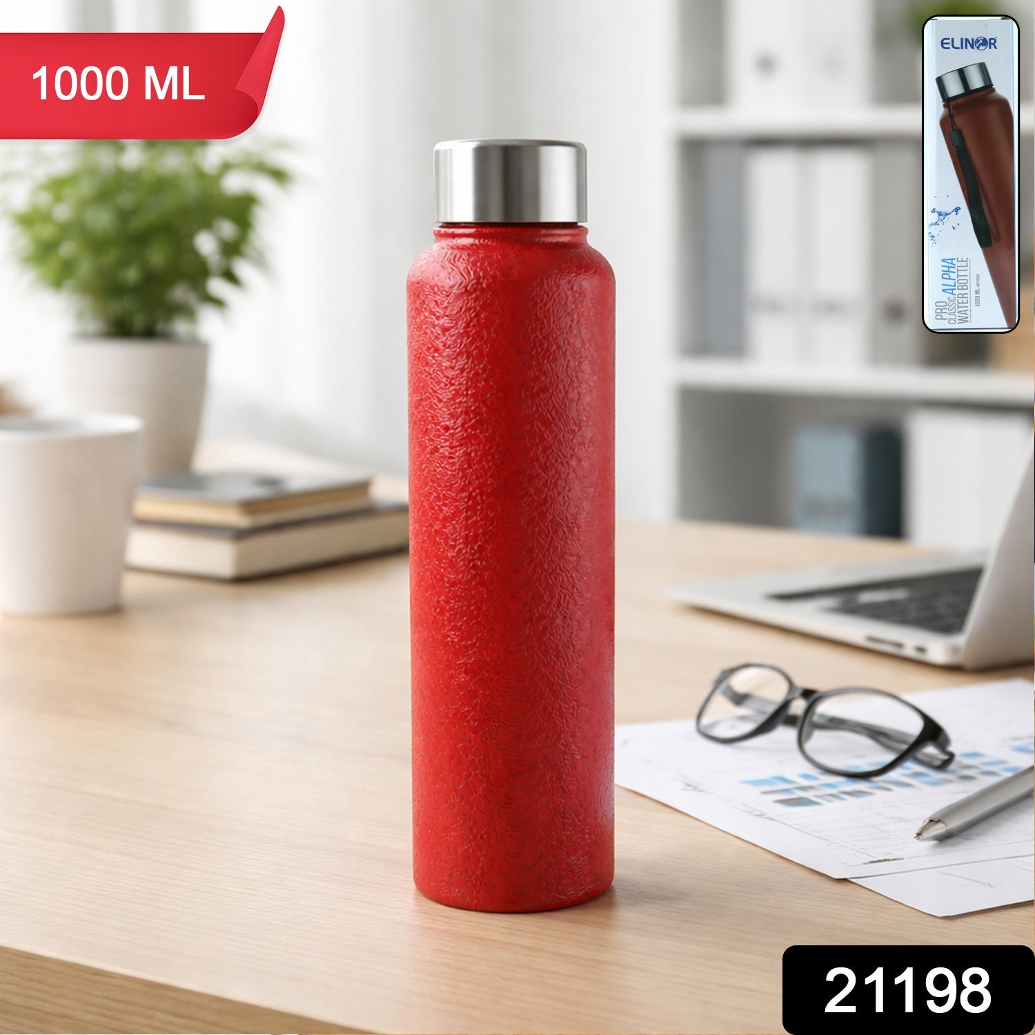Red stainless steel water bottle with leak-resistant screw cap