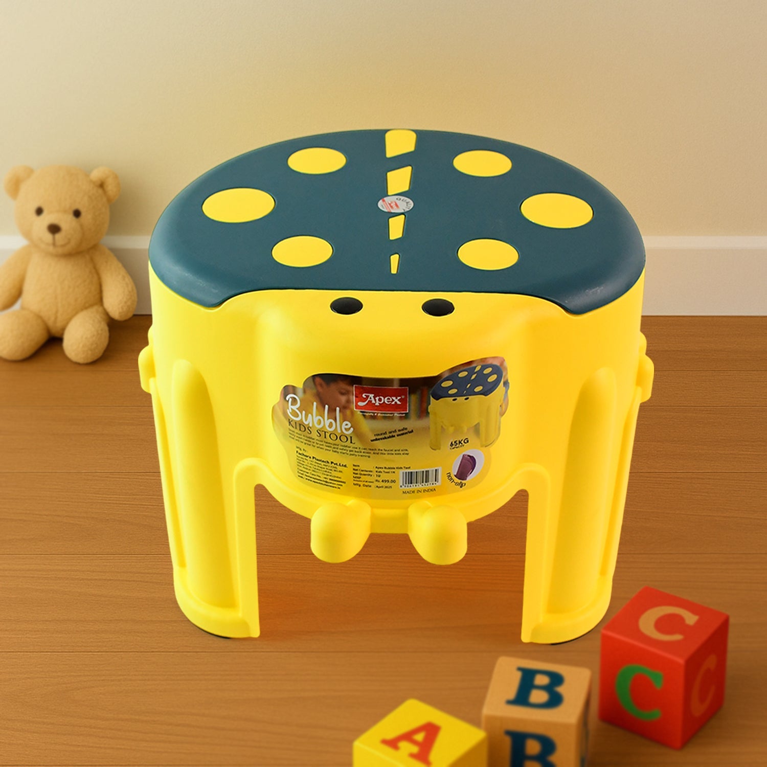 Apex Bubble Kids Step Stool with vibrant yellow and blue bubble-textured non-slip seat