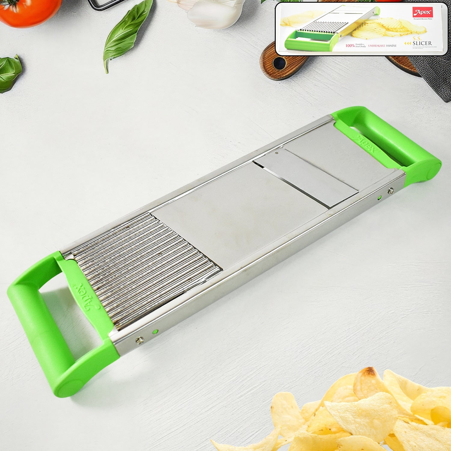 Close-up of Apex stainless steel vegetable slicer showing blade details