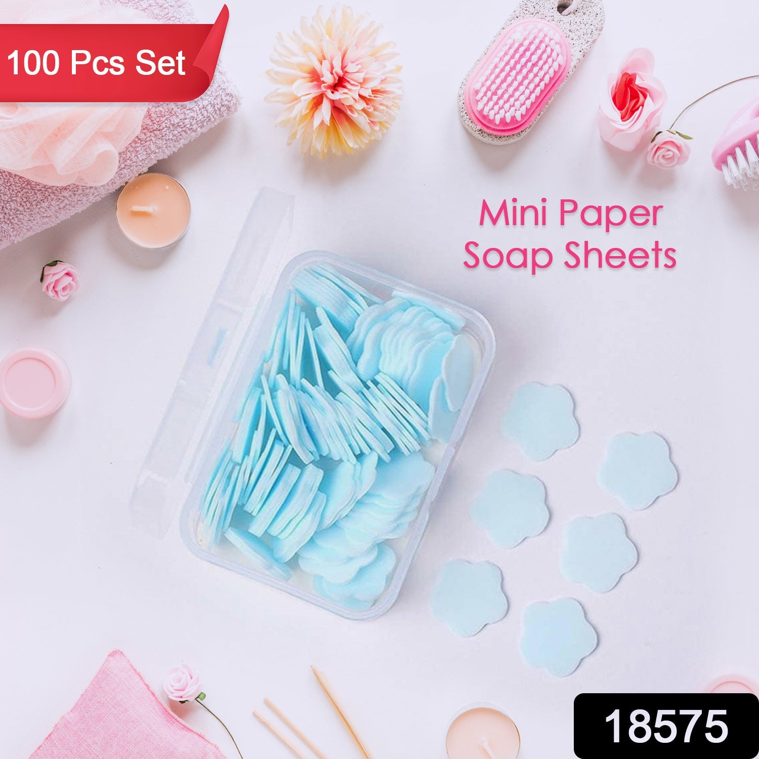 Close-up of vibrant flower-shaped dissolving soap paper sheets.