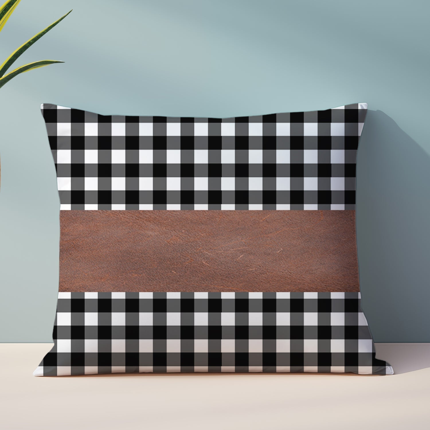 Two elegant 17x17 inch leather cushion covers enhancing a living room sofa.