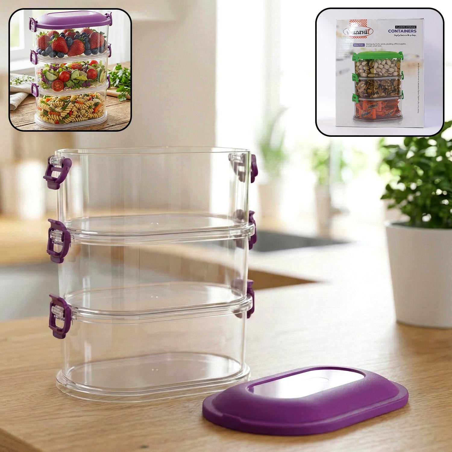 Airtight 3-layer stackable food storage container set in kitchen