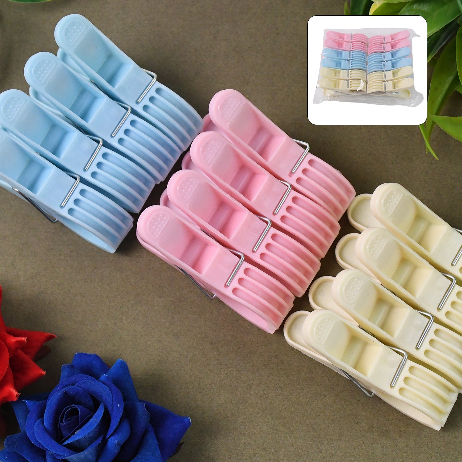 Pack of 12 multicolor plastic cloth clips used for laundry and bag sealing