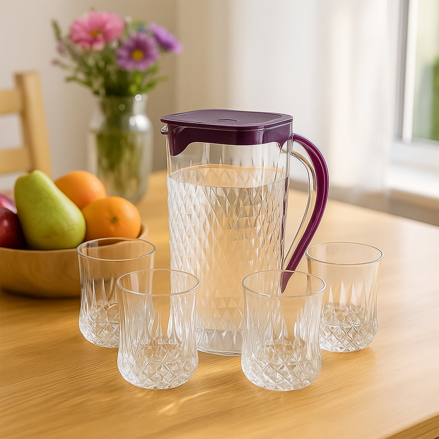 Plastic jug with glasses combo set featuring diamond-cut design