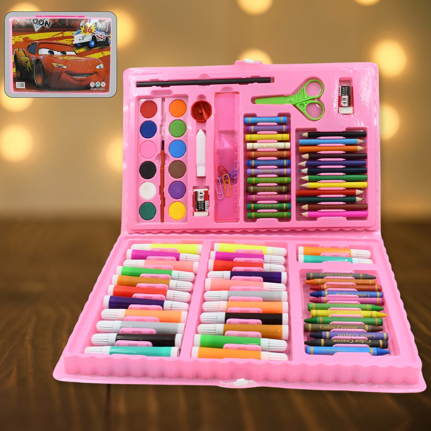 Portable 86-piece art set in a colorful case, perfect for kids on the go.
